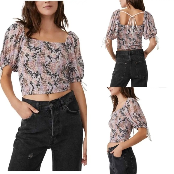 Free People Smocked Puff Sleeve Tie Back Crop Top - Picture 10 of 10